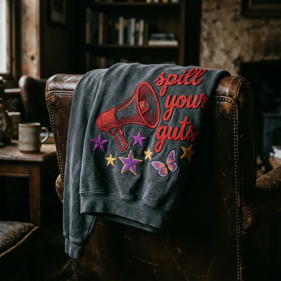 Close up of the back of the embroidered sweatshirt showing high quality fabric and stitching