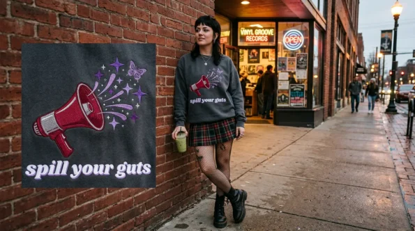 Gen Z girl wearing an Olivia Rodrigo inspired custom embroidered sweatshirt outside a record store.