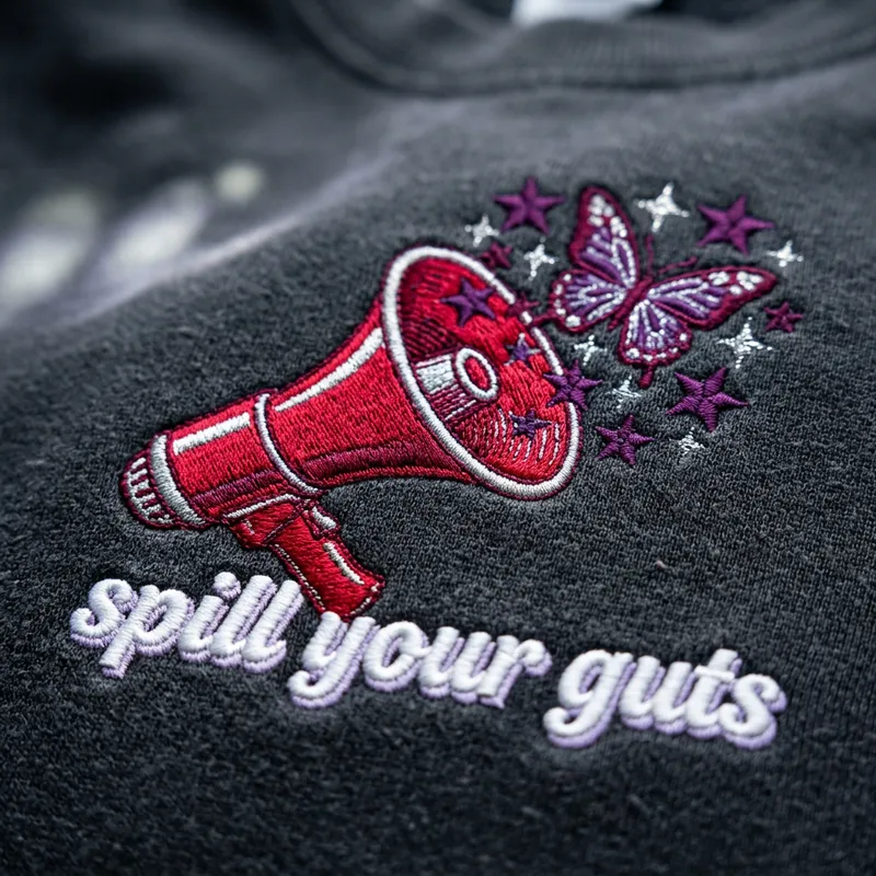 Macro detail shot of the red megaphone embroidery stitch