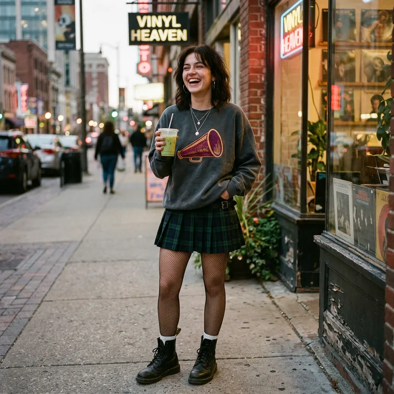 Fan wearing custom embroidered pop-punk sweatshirt at a concert