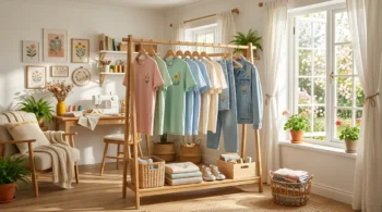 Open wardrobe rack displaying pastel spring basics with delicate embroidery in a sunlit room