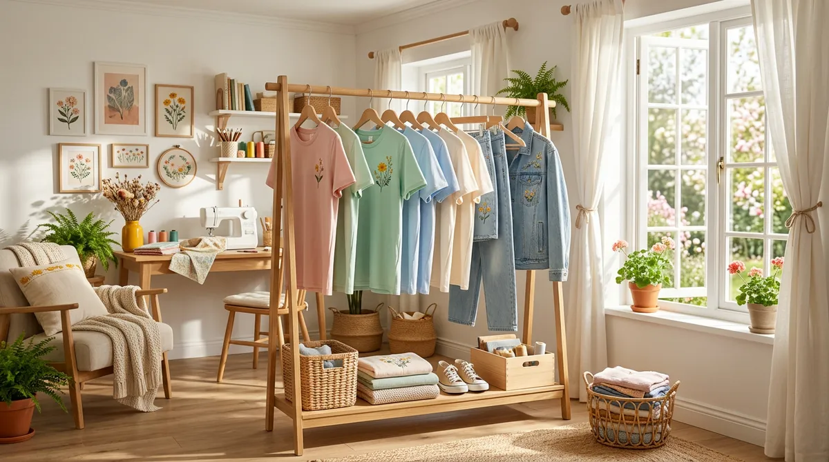 Open wardrobe rack displaying pastel spring basics with delicate embroidery in a sunlit room
