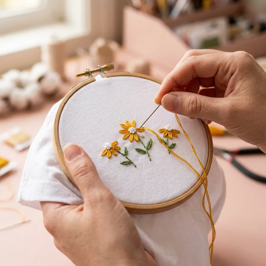 Step-by-step illustration of sorting and folding embroidered clothing during a wardrobe cleanout
