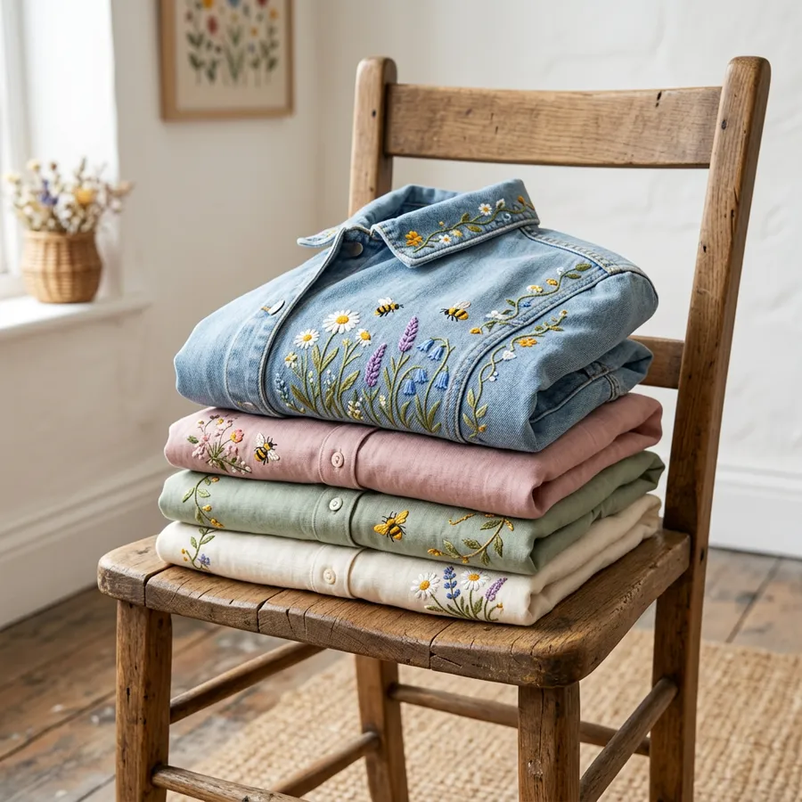 Inspirational mood board showing a sunny spring day, fresh laundry, and pastel embroidered shirts
