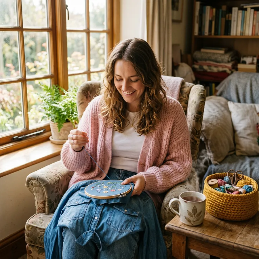 Gallery showcase of various models wearing styled embroidered basic tees and sweatshirts in spring settings