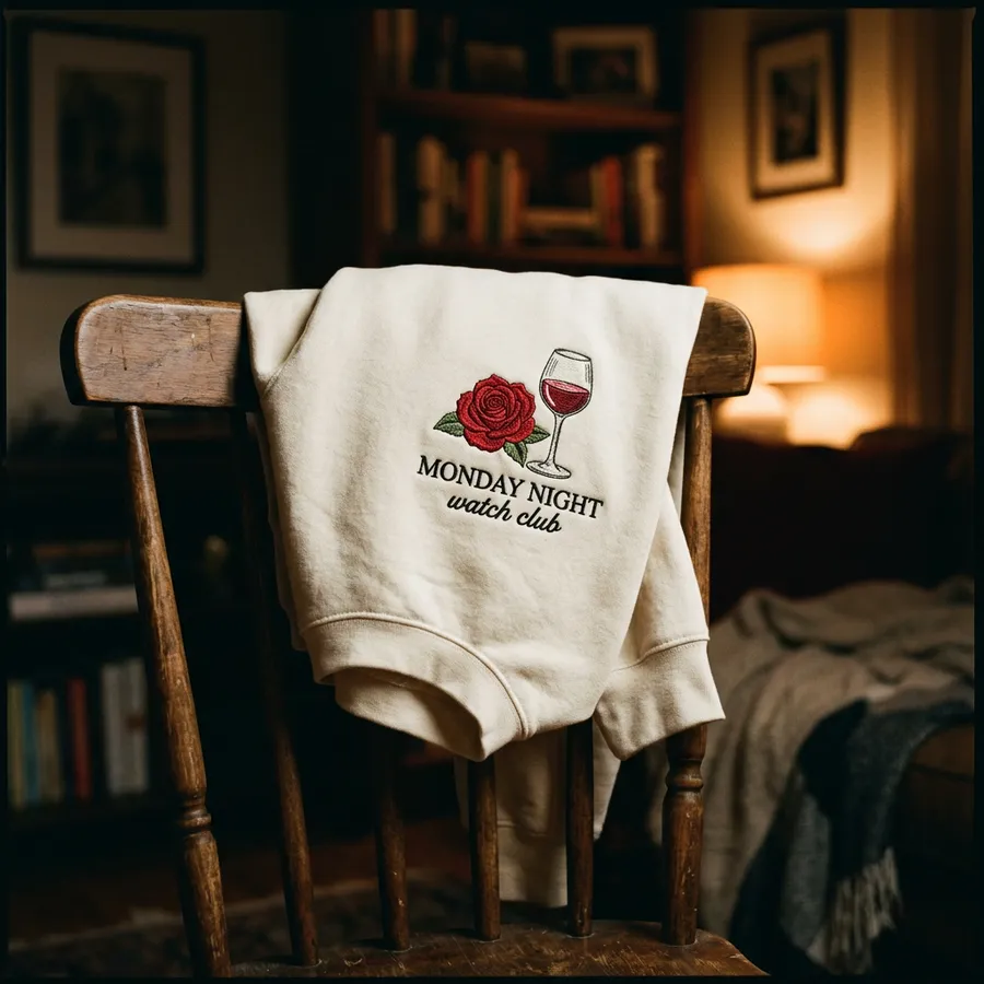 A beautifully packaged Monday Night Watch Club sweatshirt folded neatly with a ribbon and a handwritten gift tag