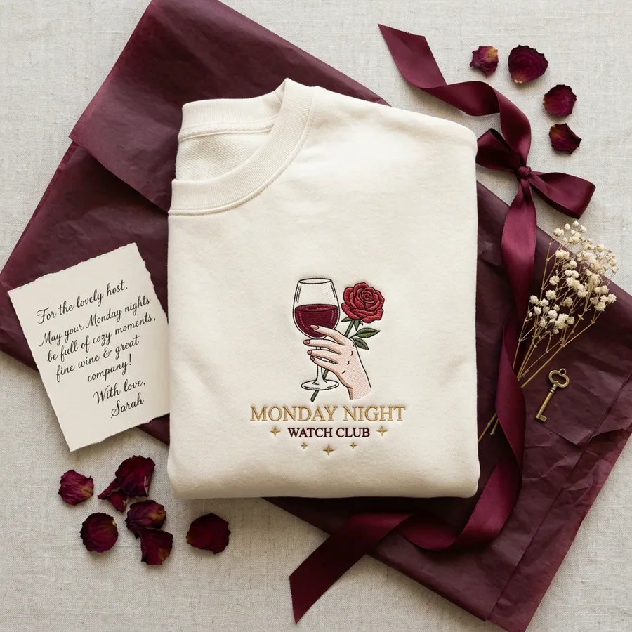 A beautifully styled flat lay featuring the embroidered sweatshirt next to a charcuterie board, a crystal wine glass, and scattered rose petals