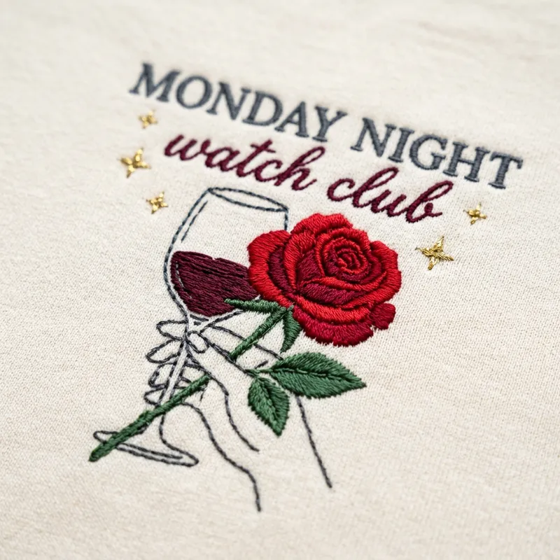 Extreme close up macro shot of the embroidery stitches showing the dense satin stitch of the red rose and the delicate running stitch of the wine glass