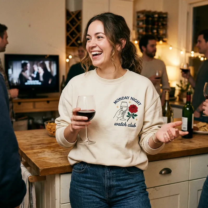 A young woman laughing and holding a glass of wine while wearing the Monday Night Watch Club embroidered sweatshirt