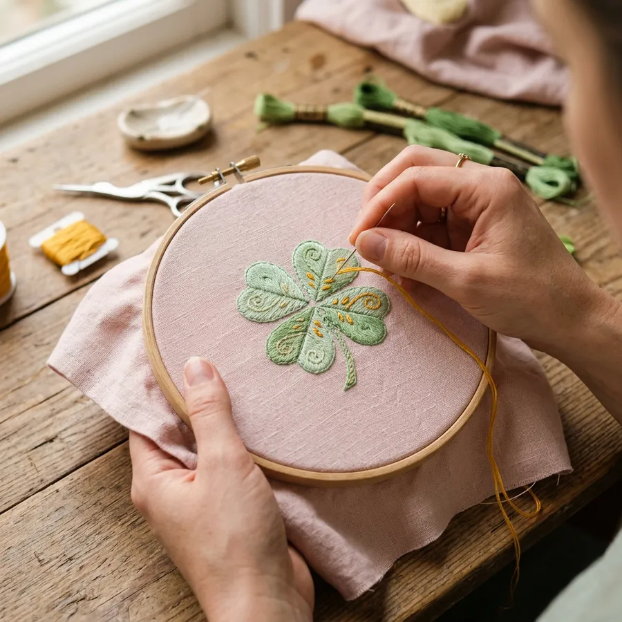 Step-by-step process of creating a custom embroidered garment, from sketching the clover design to threading the needle