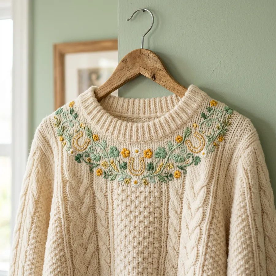 A mood board featuring vintage Irish motifs, rich green thread spools, gold accents, and fabric swatches