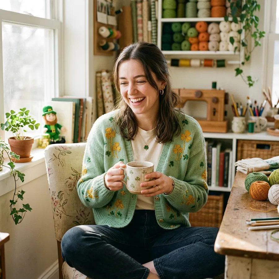 A gallery showcase of various St Patricks day embroidered outfits, including hats, tote bags, and denim jackets